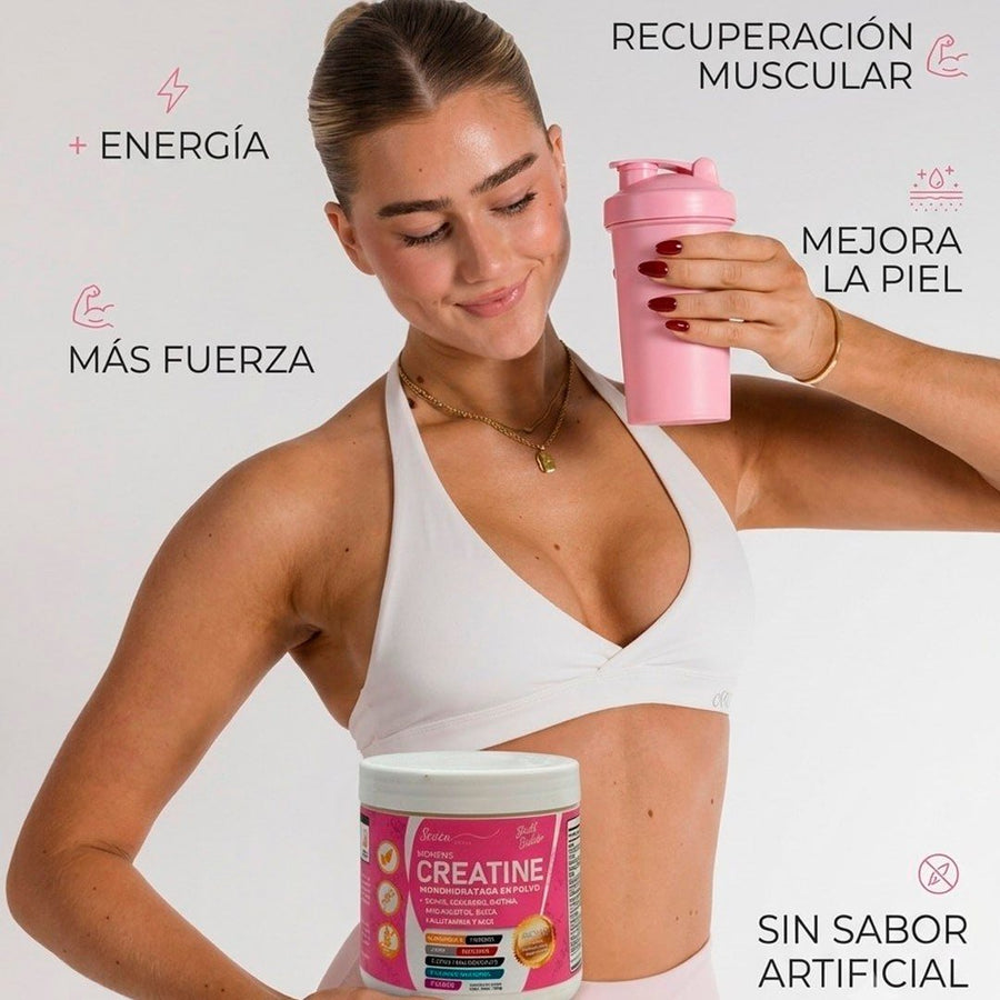 Mujer entrenando con su shaker rosa de SERICA: más energía, más fuerza y mejor piel